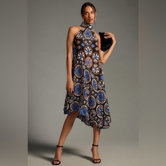By Anthropologie Silk Halter Blue Motif Midi Dress - Picture 1 of 7